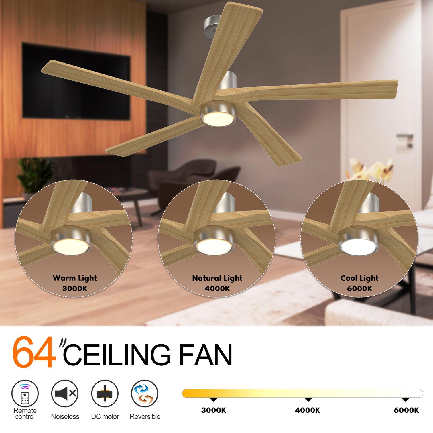 Irvine 64" 5 Blades Solid Wood with Remote Control and LED Light Kit Tri-Color - 7Pandas Australia