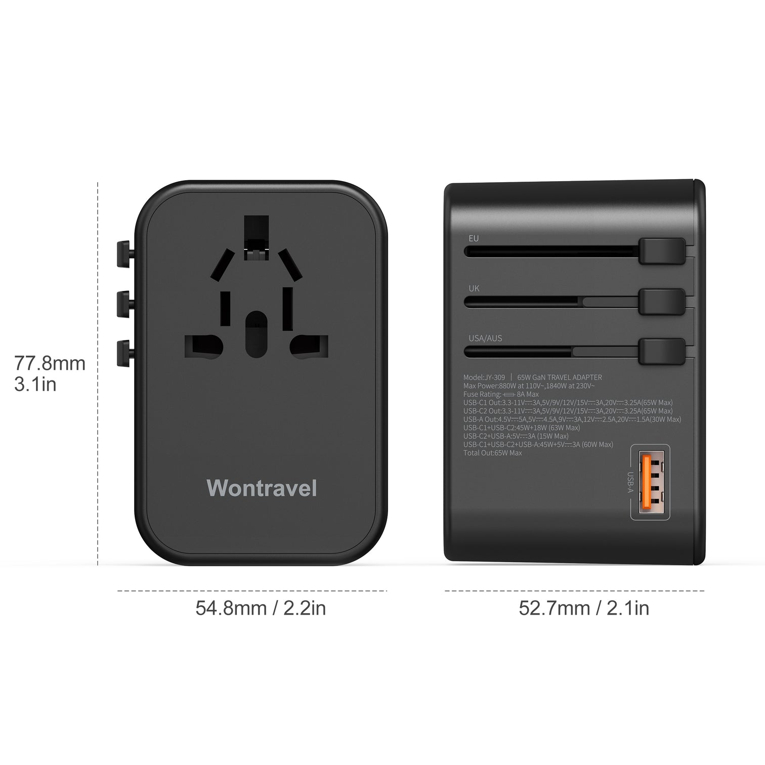 3PACK Universal Travel Adapter GaN 65W 2xUSB-C PD Fast Charging  1xUSB-A Quick Charging - 7Pandas Australia