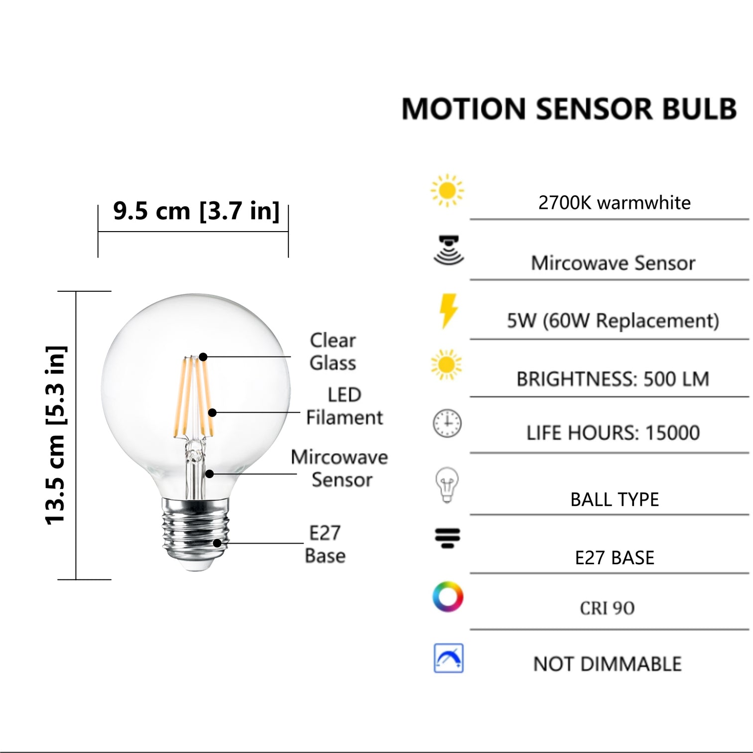 4PACK Motion Sensor LED G95 Filament Bulb 5W Equivalent 60W 2700K Warmwhite No DIM - 7Pandas Australia