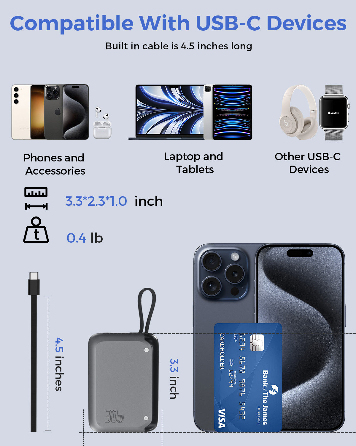 30W PD Power Bank 10000mAh Mini Portable Charger USB-C Cable and USB-C Ports - 7Pandas Australia