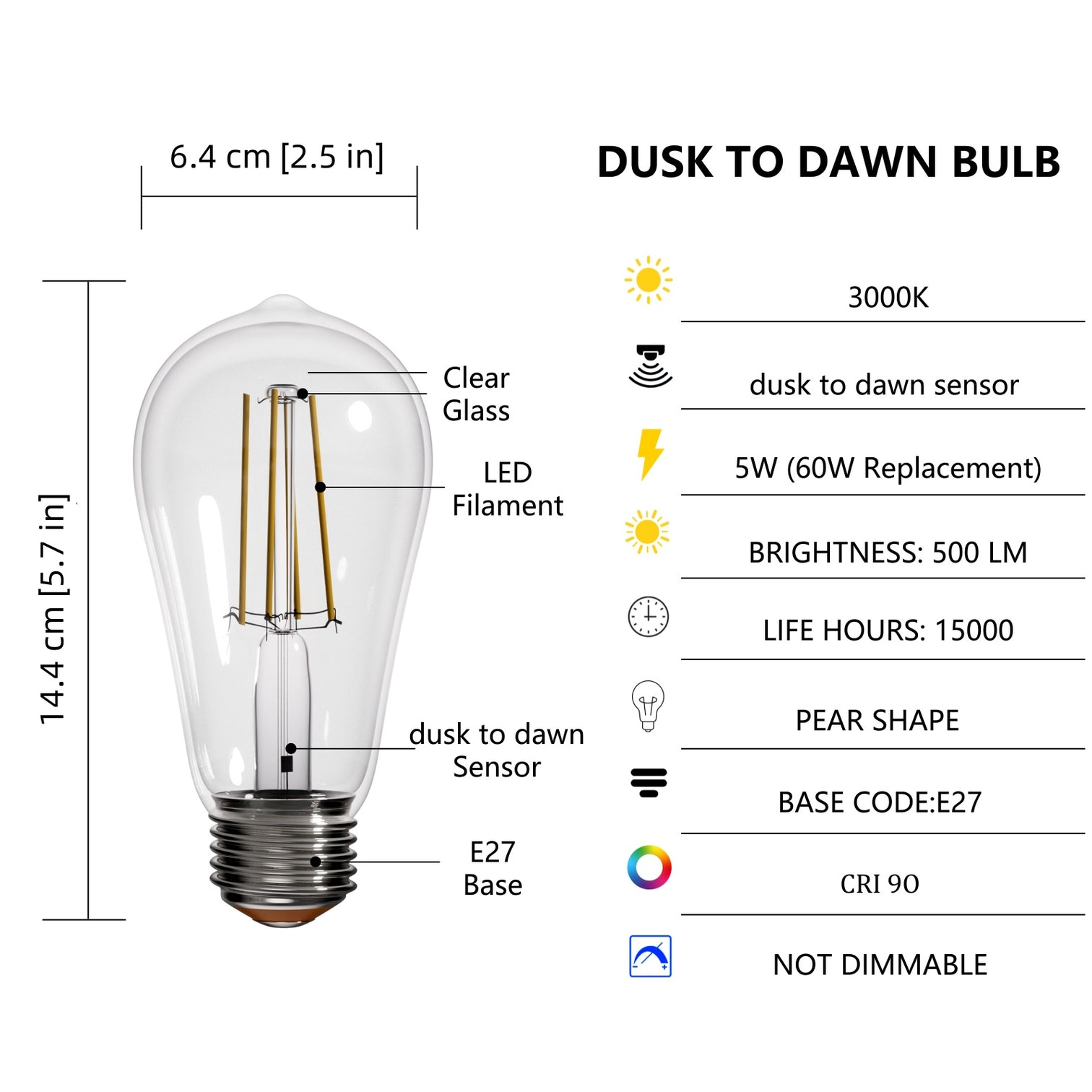 4PACK Dusk to Dawn LED Filament Bulb 5W Equivalent 60W 2700K Warmwhite Dimmable - 7Pandas Australia