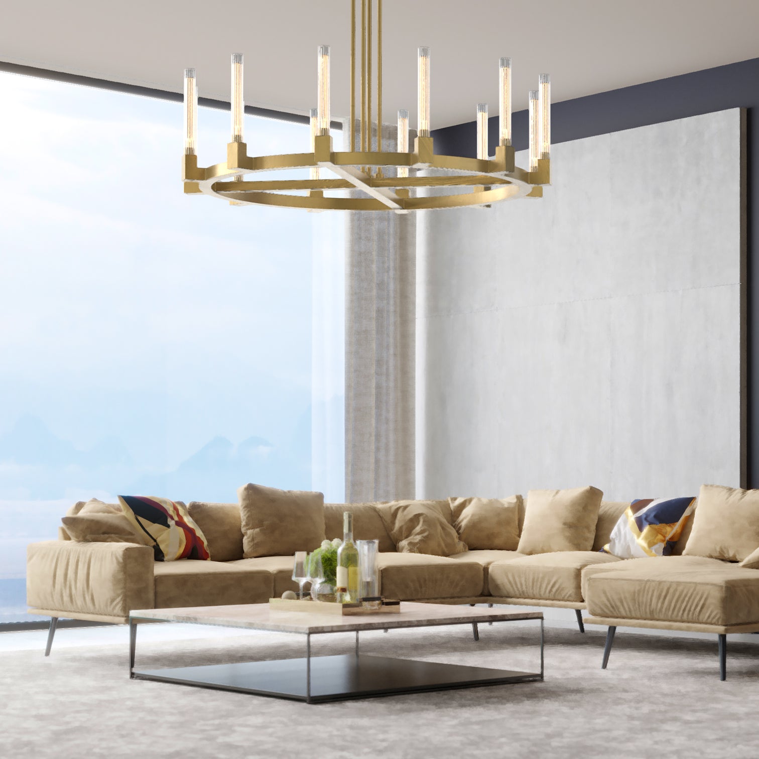 MONTE Large Modern Crystal Tubular Chandelier Round Aged Brass E27 - 7Pandas Australia