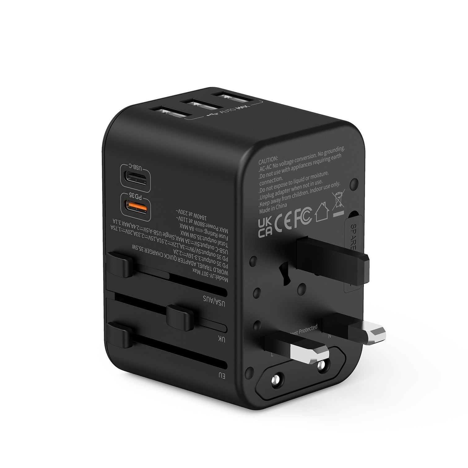 3PACK Universal Travel Plug Adapter PD 35W QC 3.0 USB 3 USB-A 2 USB-C All in One Worldwide Rapid Charge  Black - 7Pandas Australia