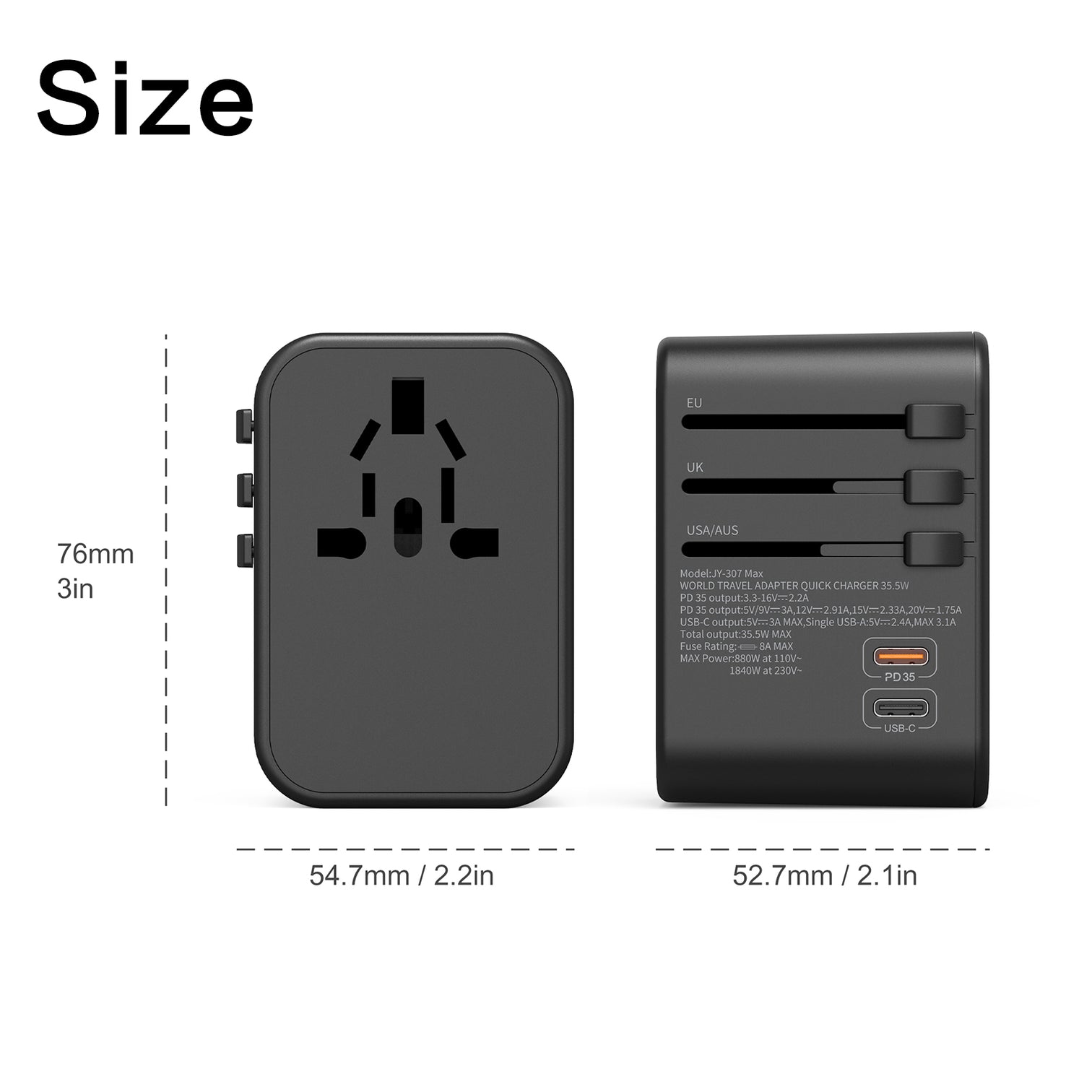 3PACK Universal Travel Plug Adapter PD 35W QC 3.0 USB 3 USB-A 2 USB-C All in One Worldwide Rapid Charge  Black - 7Pandas Australia