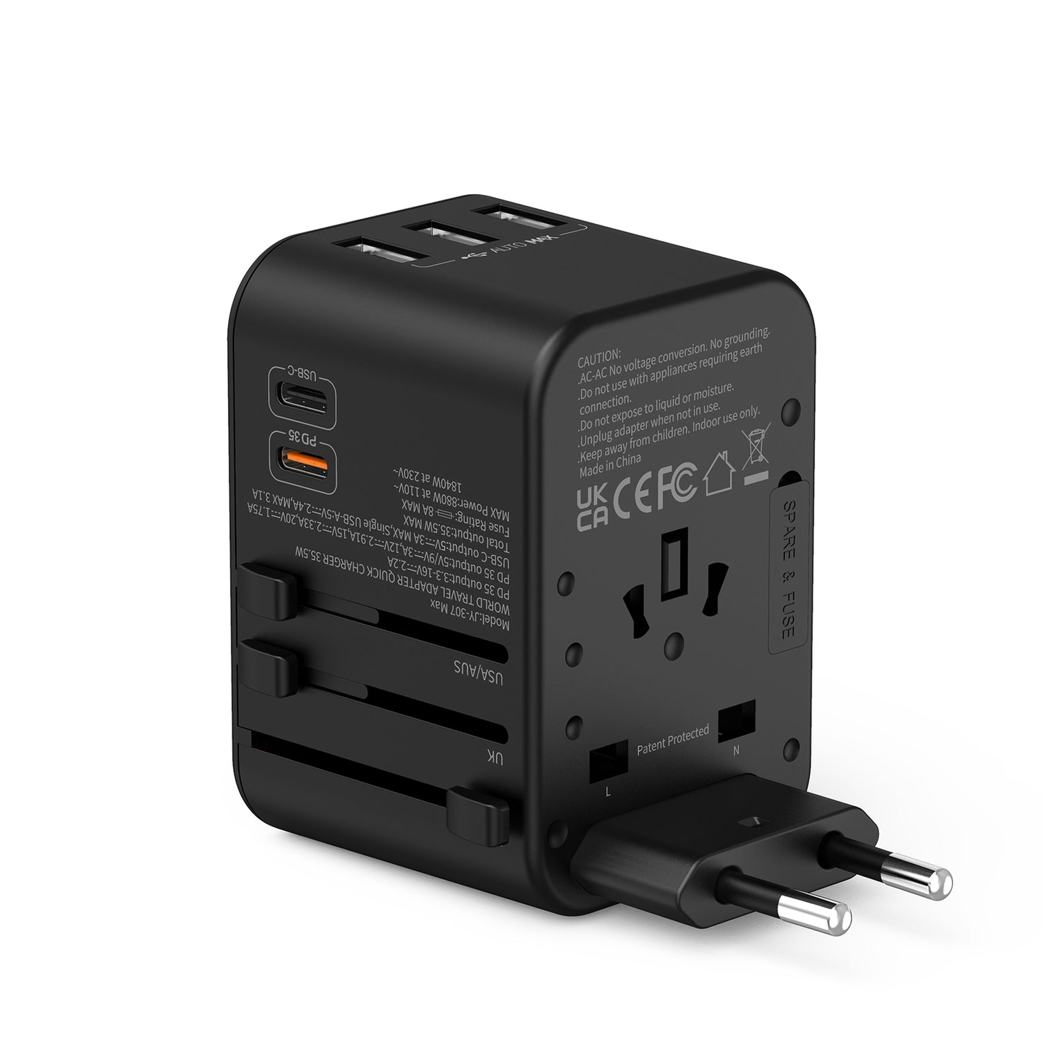 3PACK Universal Travel Plug Adapter PD 35W QC 3.0 USB 3 USB-A 2 USB-C All in One Worldwide Rapid Charge  Black - 7Pandas Australia