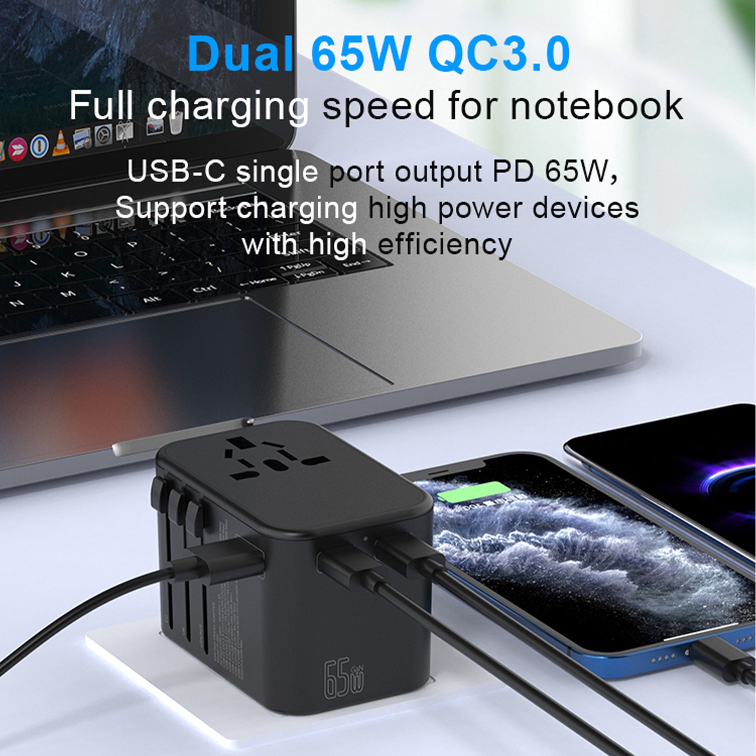 3PACK Universal Travel Adapter GaN 65W 2xUSB-C PD Fast Charging  1xUSB-A Quick Charging - 7Pandas Australia
