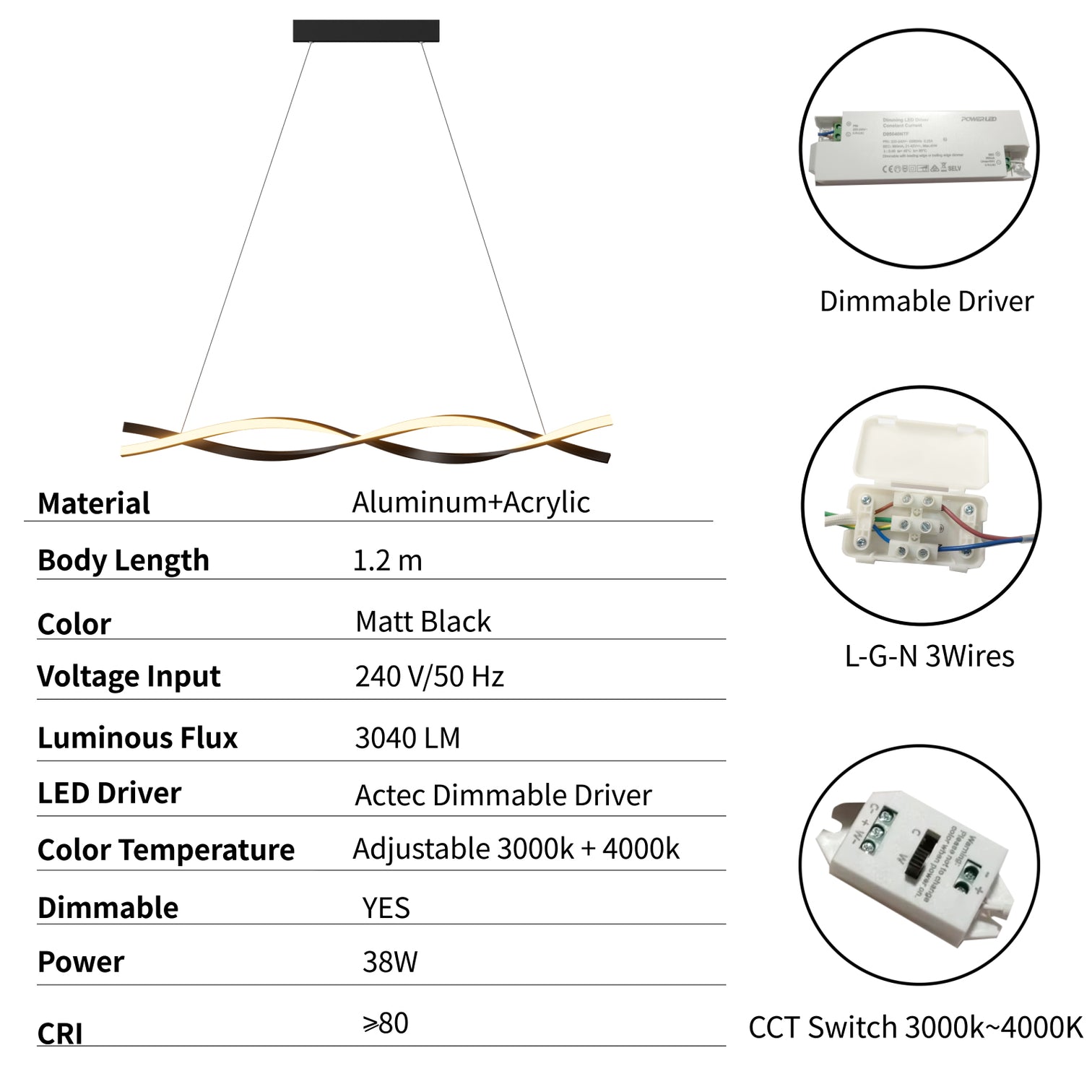 MONRICO Modern Linear LED Pendant Light 2CCT Dimmable 1200mm 38W Dining Table Matt Black - 7Pandas Australia