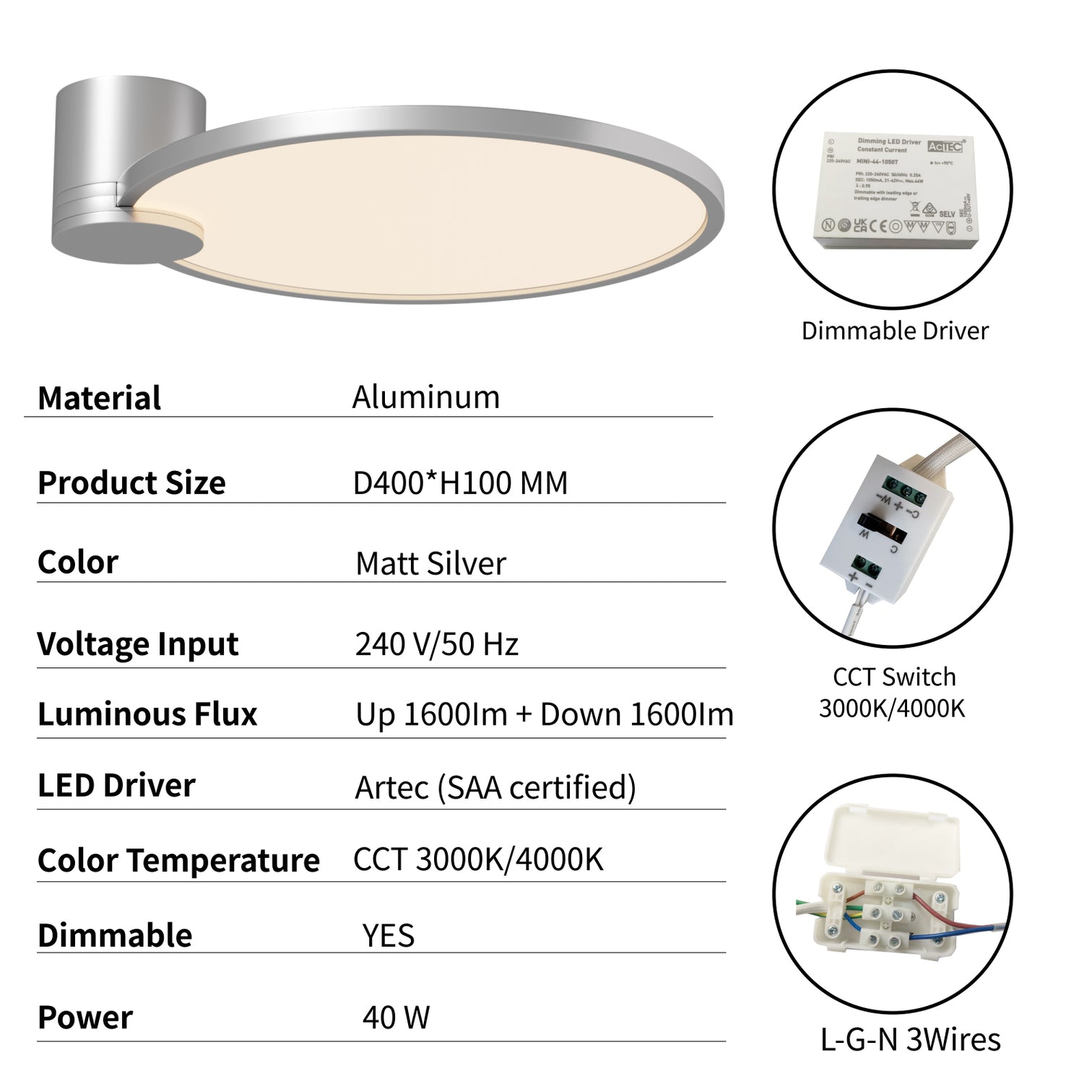 ELINA 40cm Diameter LED Ceiling Flush Mount 2CCT 40W Dimmable Silver - 7Pandas Australia