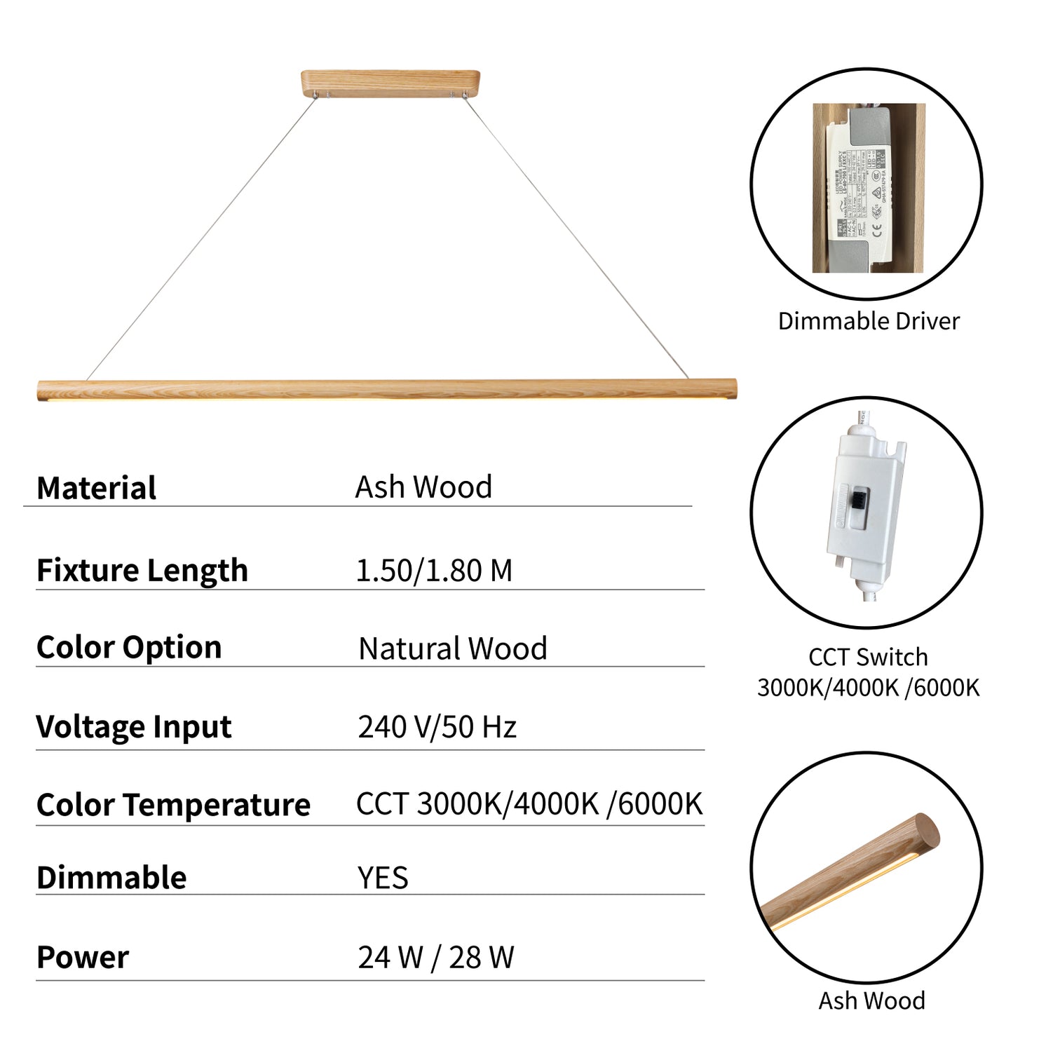 TALIA Natural Wood LED Linear Pendant Light Kitchen Island 3CCT 3000K/4000K/6000K dimmable - 7Pandas Australia