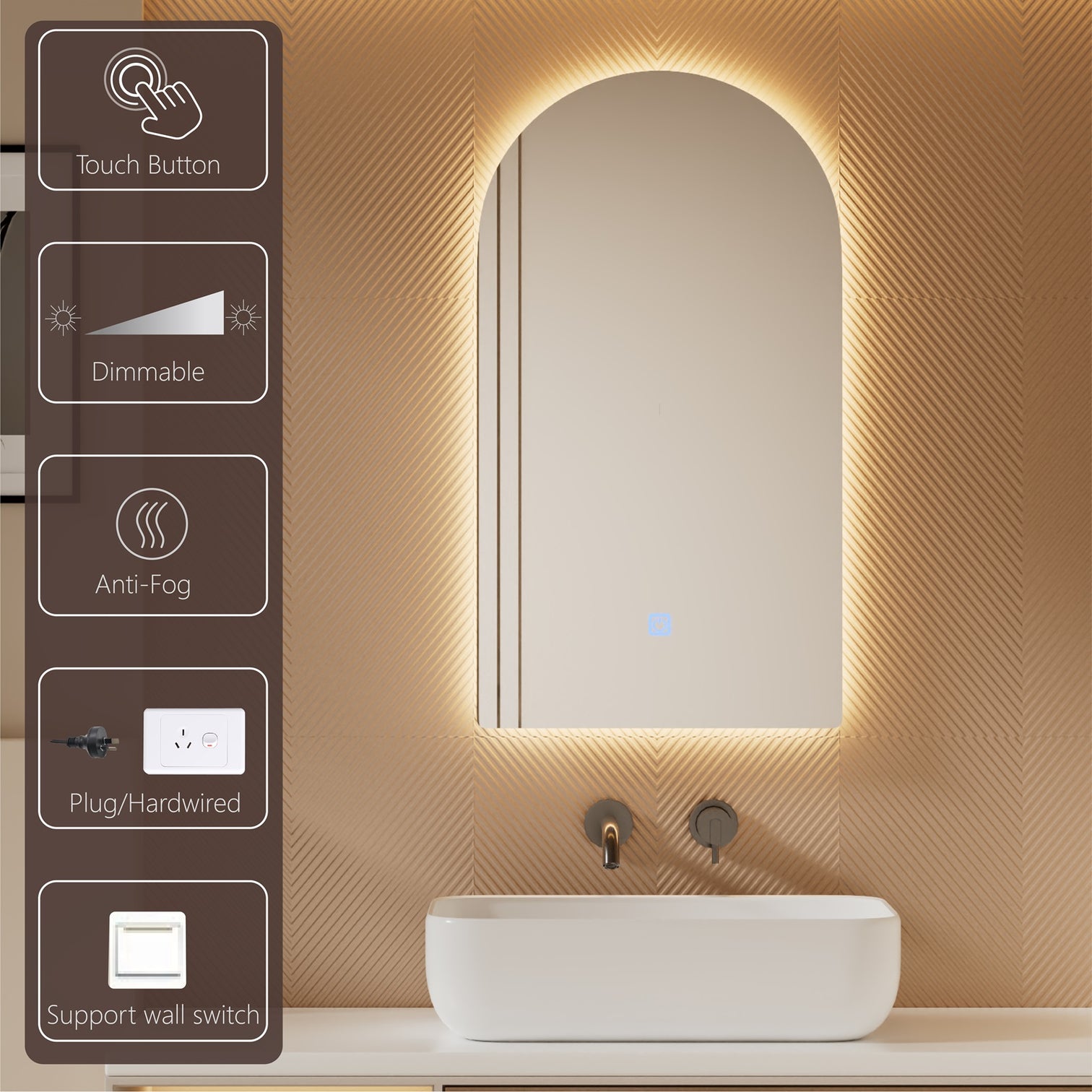 Arched LED Bathroom Mirror with Lights Color Temperature Adjustable CCT Dimmable 50*90cm - 7Pandas Australia