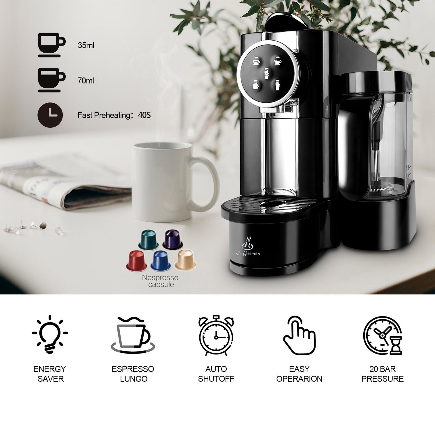 20 Bar Espresso Capsule Coffee Machine with Foaming Milk Frother 2 Cups - 7Pandas Australia