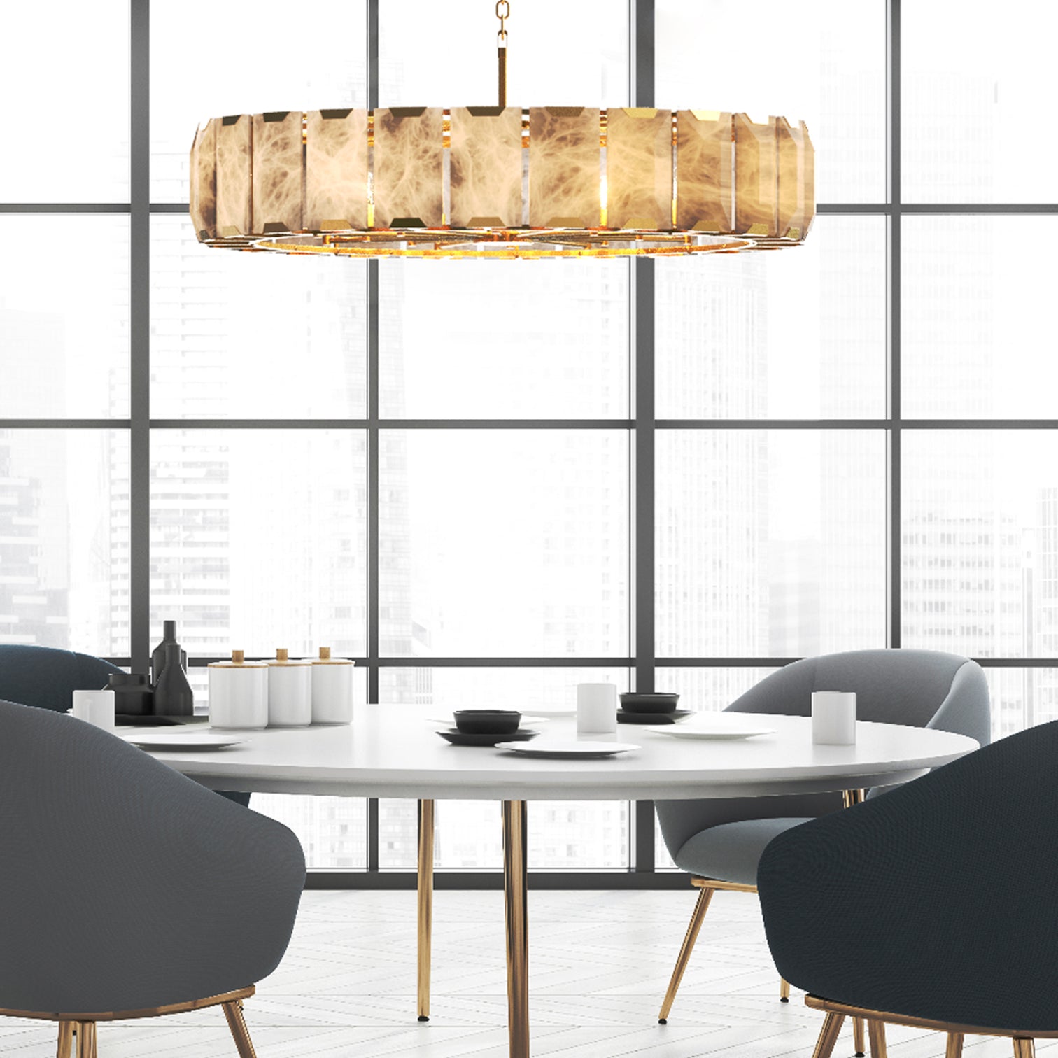 ALLYSON 520mm Circular Round Alabaster Chandelier 6*E14 Lamp base - 7Pandas Australia