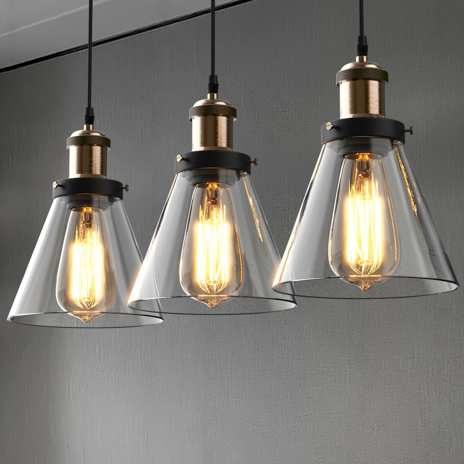 PENY 3PACK Clear Glass Pendant Light Antique Brass lamp base Vintage Style E27 - 7Pandas Australia