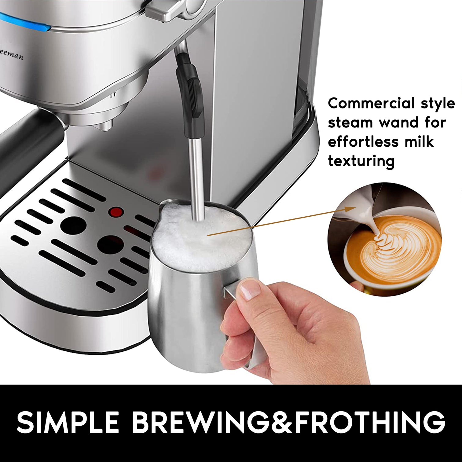 15 Bar Espresso Coffee Machine with Milk Frother Stainless Steel 1450W - 7Pandas Australia