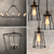 A collage of black metal chandeliers and pendant lights with exposed bulbs, showcasing industrial and farmhouse lighting styles.