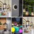 Collage of outdoor lighting ideas for the front of a house, featuring porch pendant lights, round halo wall lights, string festoon lights, black post lanterns, and colourful solar garden ball lights, each enhancing curb appeal and nighttime safety.