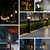 Collage of outdoor lighting designs including festoon string lights, tree spotlighting, floodlights, bollard path lights, wall lanterns, and recessed garden lights, all illuminating modern garden and patio spaces at night.