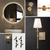 Collage of modern bathroom lighting fixtures including backlit mirrors, wall sconces, pendants, and decorative lights in gold and black finishes.