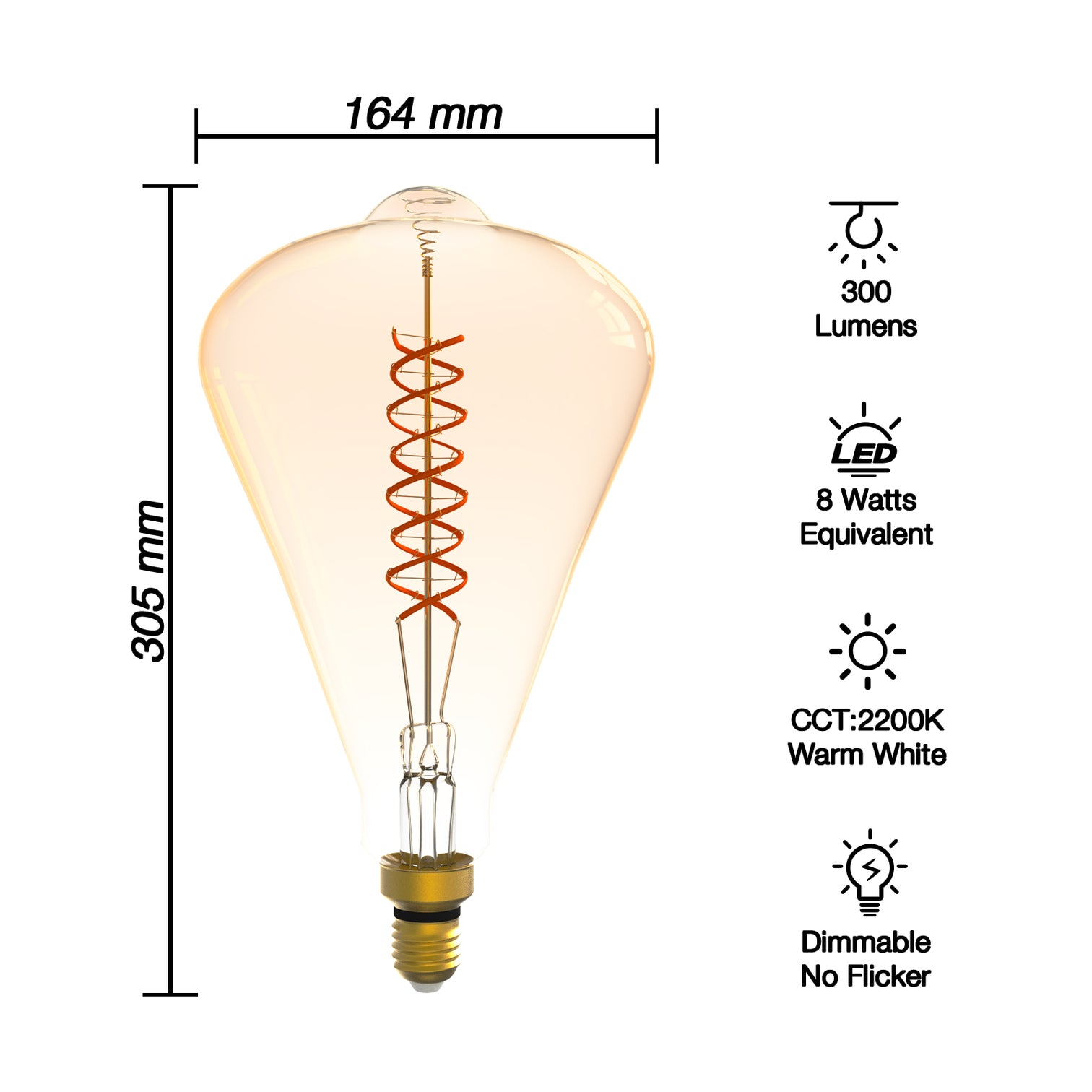 ST164 Dimmable LED Decorative Oversized Edison Bulbs 8W 300LM 2200K Warm White (40W Equivalent) Amber Glass CRI90 - 7Pandas Australia
