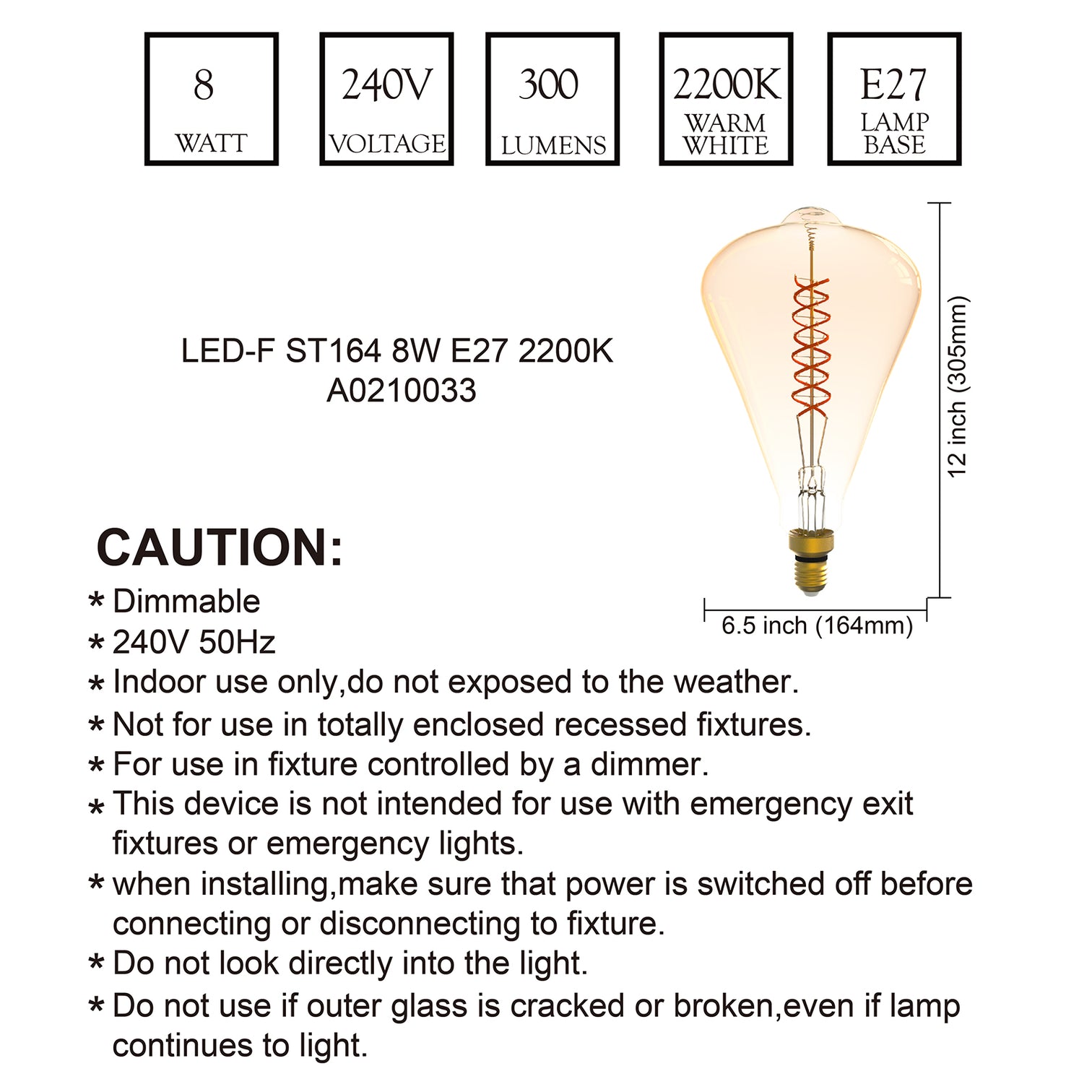 ST164 Dimmable LED Decorative Oversized Edison Bulbs 8W 300LM 2200K Warm White (40W Equivalent) Amber Glass CRI90 - 7Pandas Australia
