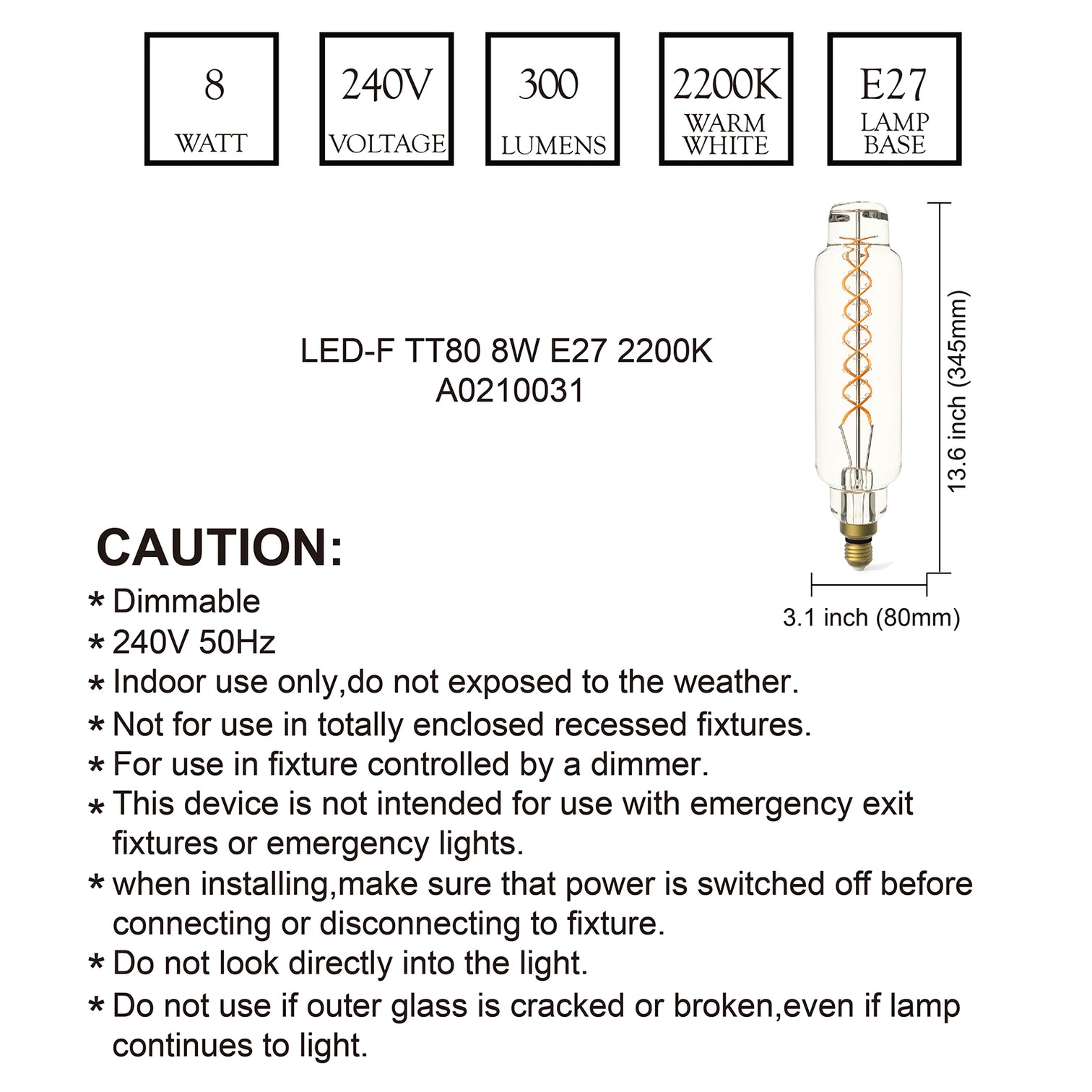 TT80/T24 Dimmable LED Decorative Oversized Edison Bulbs 8W 300LM 2200K Warm White (40W Equivalent) Amber Glass CRI90 - 7Pandas Australia
