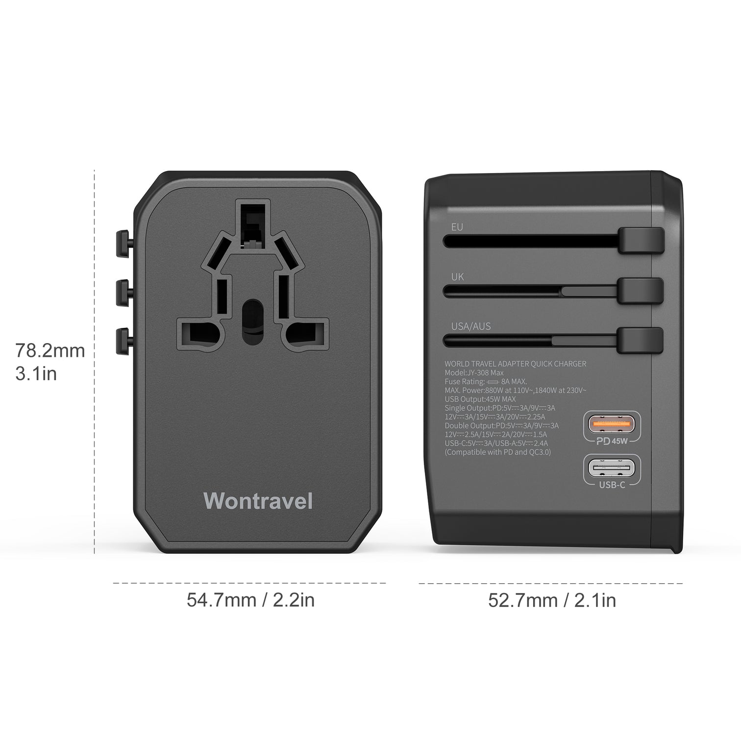 3PACK Universal Travel Adapter PD 45WAC Wall Charger for Global Travelling 1xType-C 3xType-A, Black - 7Pandas Australia