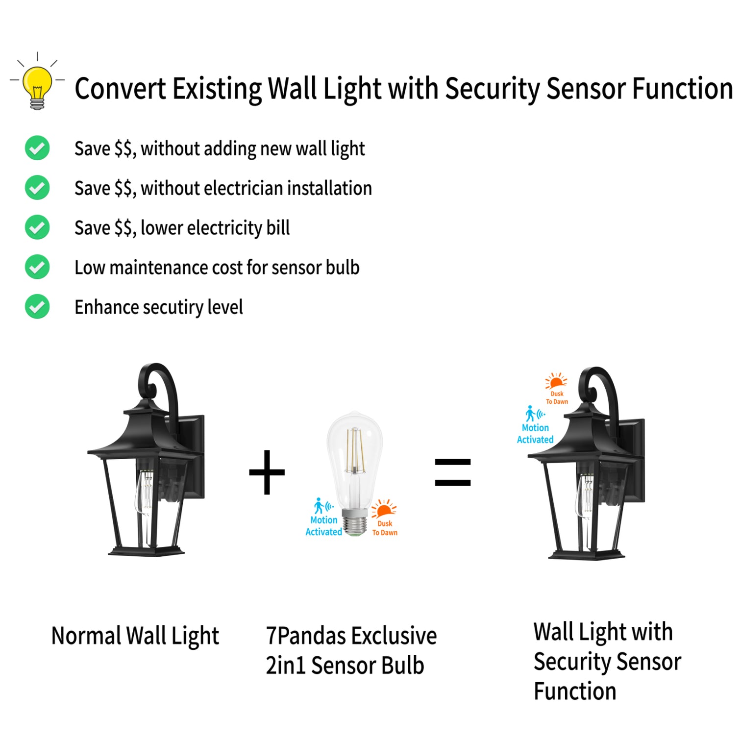 4PACK Motion Sensor LED Filament Bulb 5W Equivalent 60W 2700K Warmwhite No DIM - 7Pandas Australia