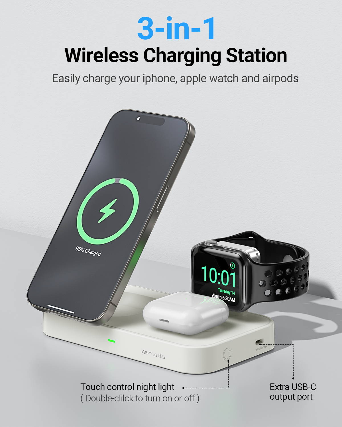 Qi2 Certified Wireless Charging Station, 3-in-1 15W Ultra Fast Magnetic Charger Stand for Multiple Devices, Magsafe Charger for iPhone 15/14/13/12, Apple Watch, Airpods (White) - 7Pandas Australia