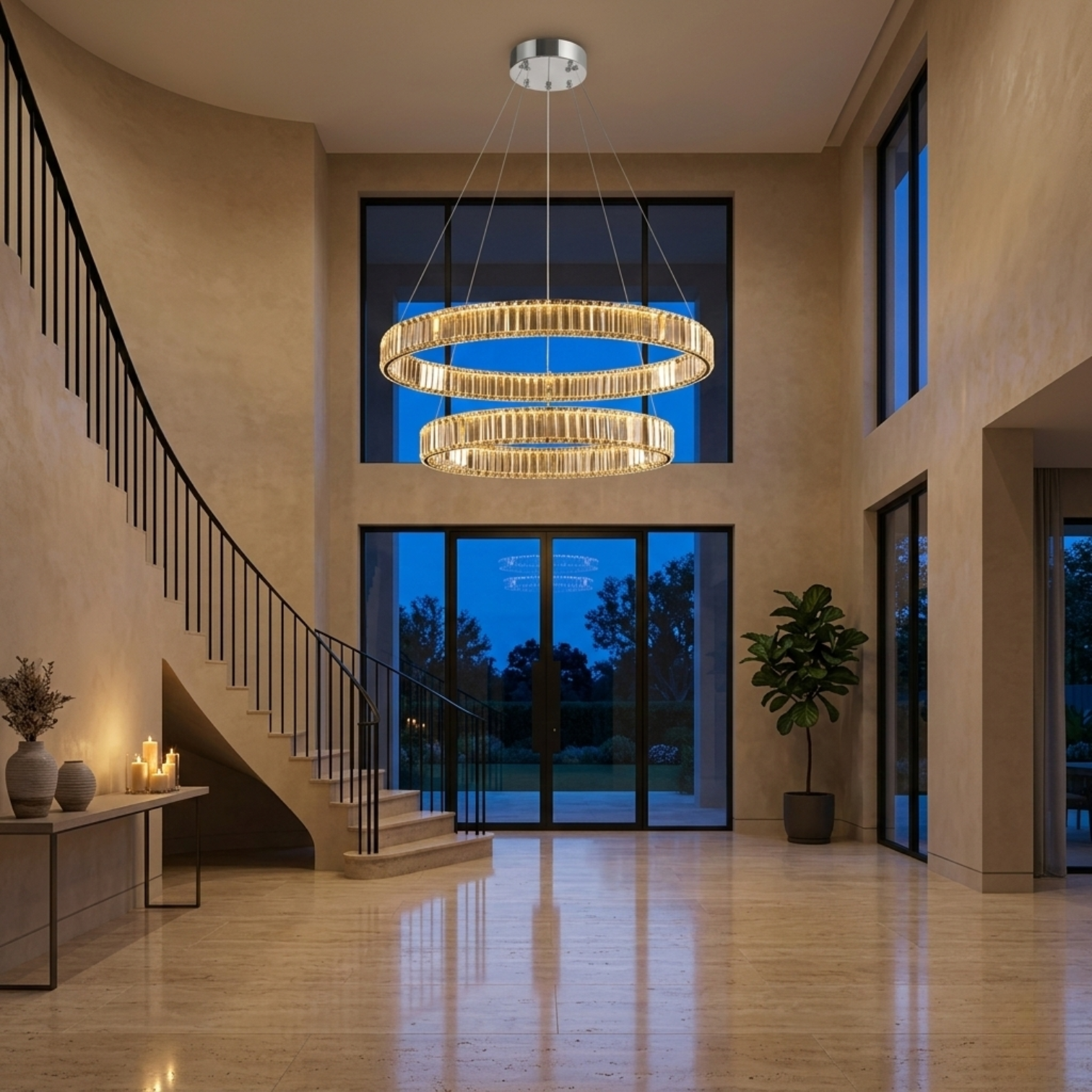 RING Modern Round Crystal LED Chandelier 2 Rings 3CCT Tri-Colour Pendant - 7Pandas Australia