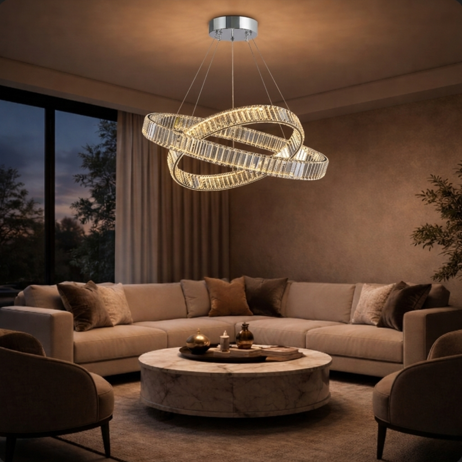 RING Modern Round Crystal LED Chandelier 2 Rings 3CCT Tri-Colour Pendant - 7Pandas Australia