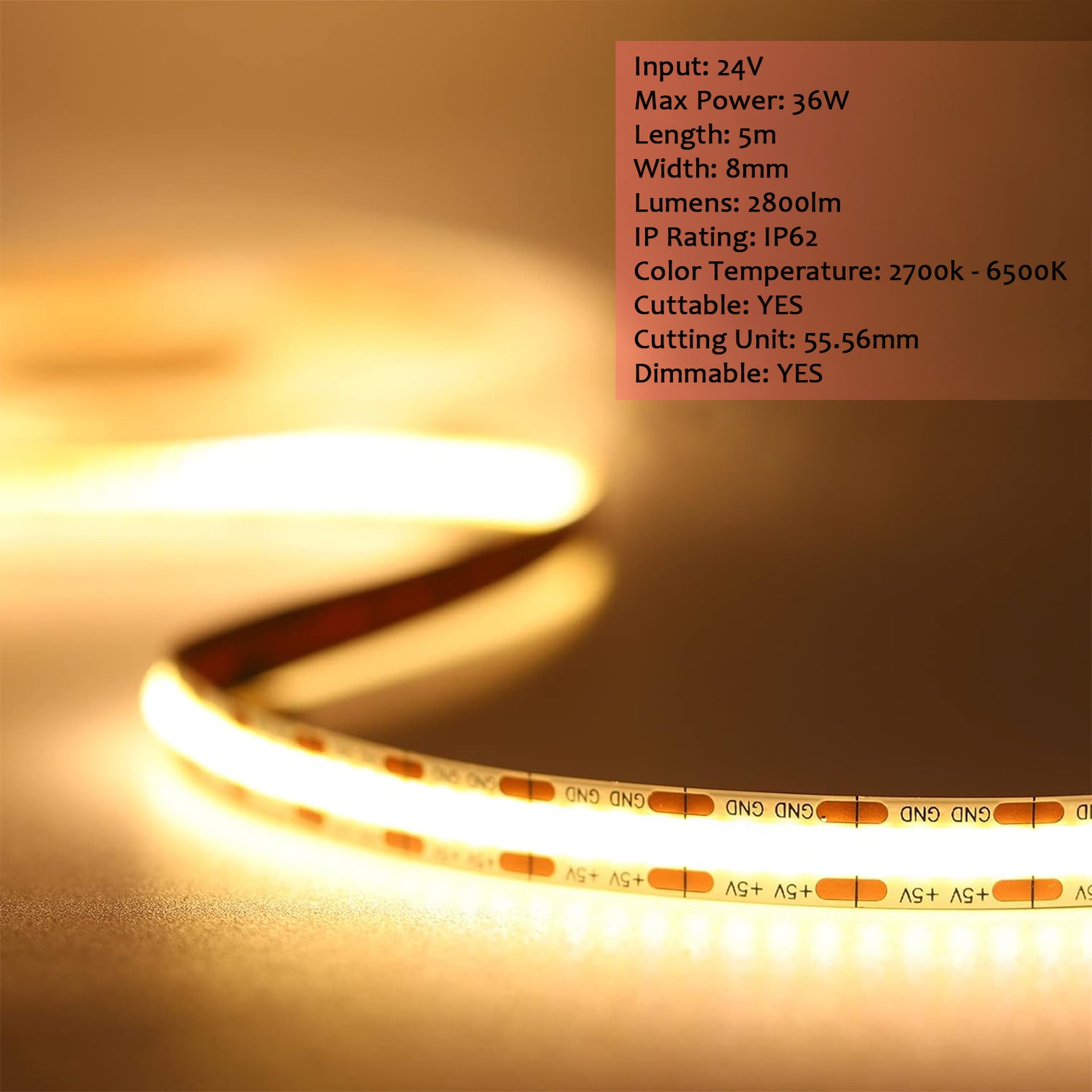 LED Strip 24V 36W 5M Dual Color COB Ultra Brightness 2700K to 6500K - 7Pandas Australia
