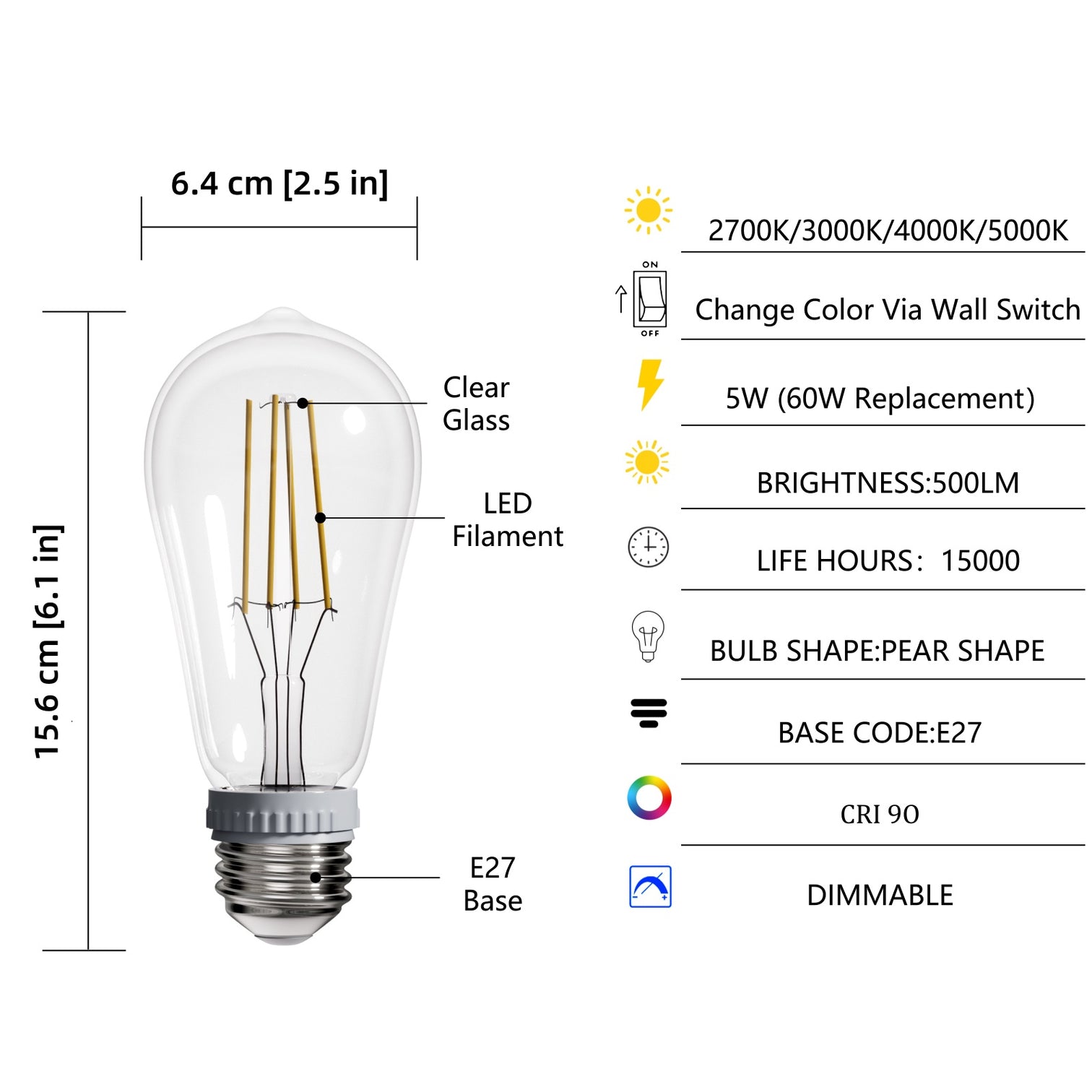 4PACK LED Filament Bulb 5W Equivalent 60W CCT Switch Control Dimmable - 7Pandas Australia