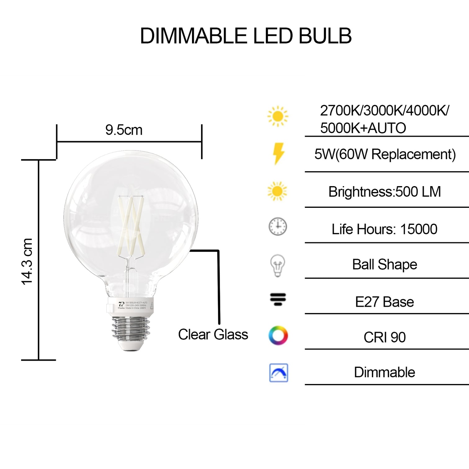 4PACK LED G95 Filament Bulb 5W Equivalent 60W CCT 2700K-5000K Dimmable - 7Pandas Australia
