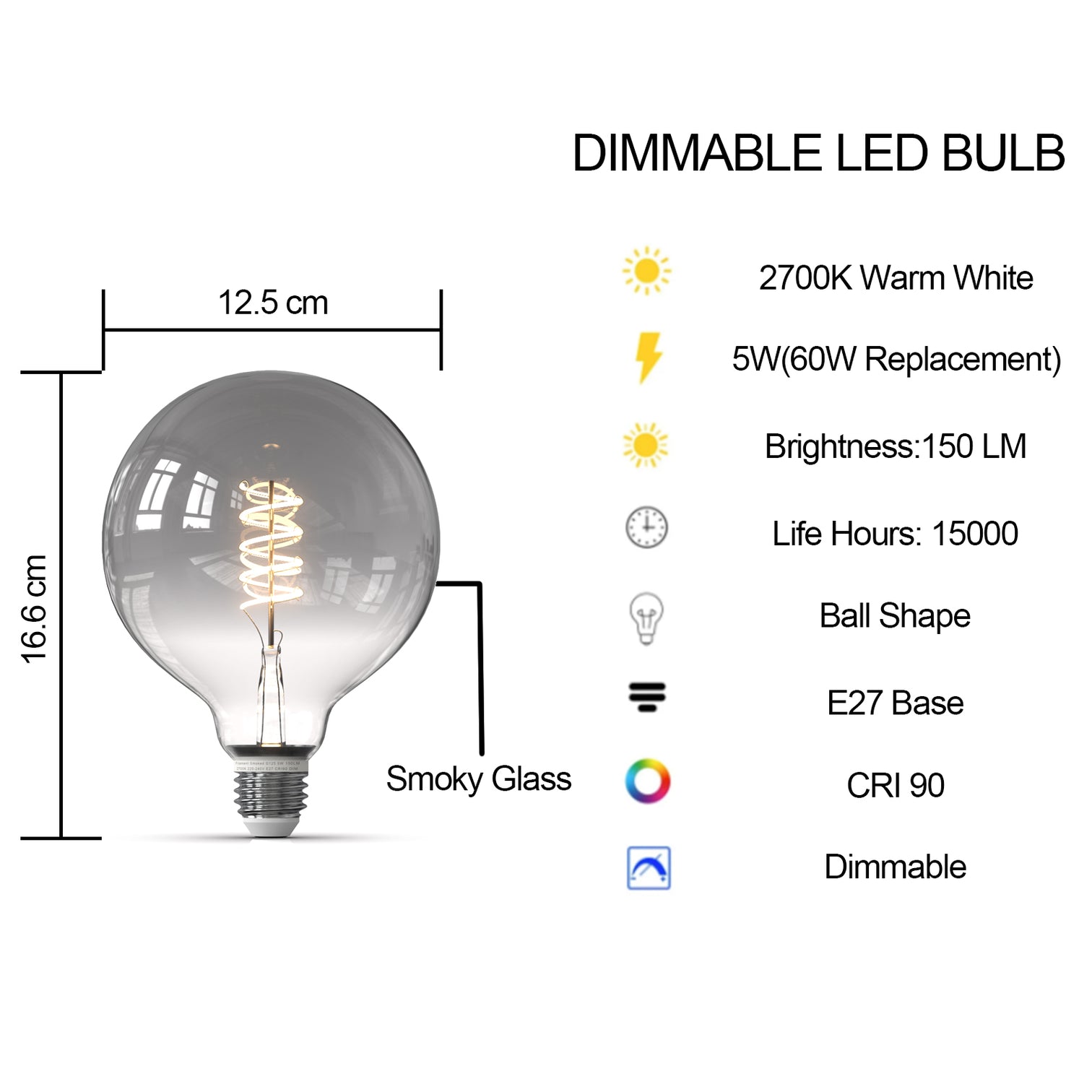 4PACK LED G125 Smoke Glass Ball type Bulb 5W Dimmable 2700K Warmwhite CRI 90 - 7Pandas Australia