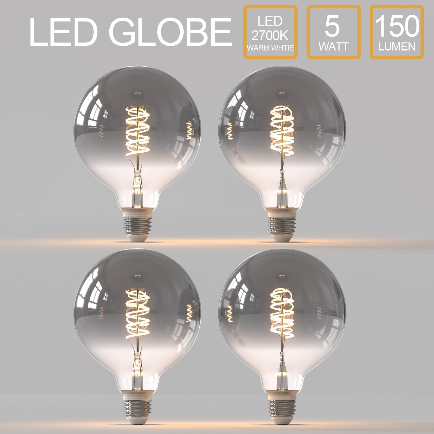 4PACK LED G125 Smoke Glass Ball type Bulb 5W Dimmable 2700K Warmwhite CRI 90 - 7Pandas Australia