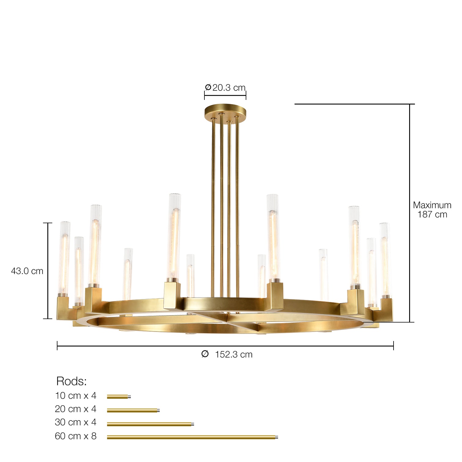 MONTE Large Modern Crystal Tubular Chandelier Round Aged Brass E27 - 7Pandas Australia