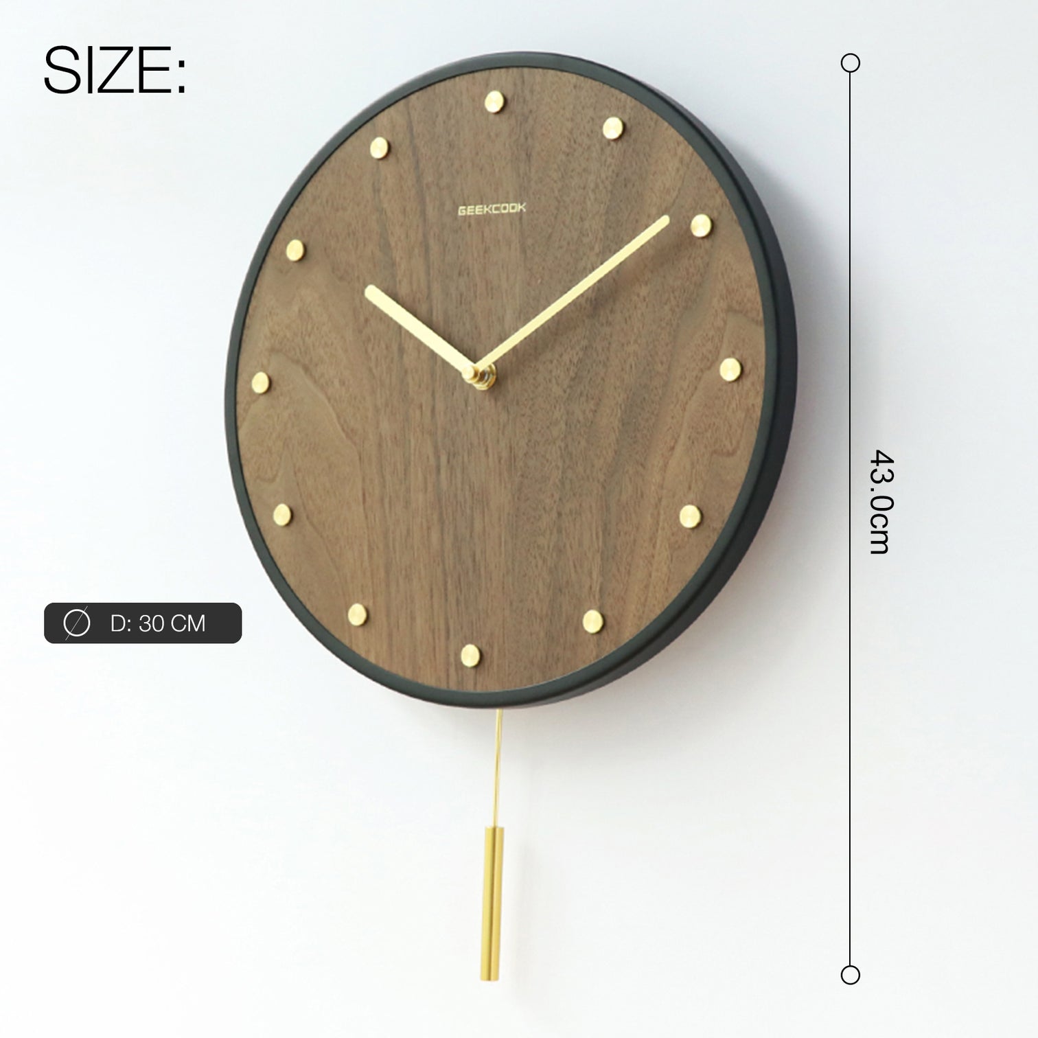 GUNI Quartz  Wall Clock 12 Inch 300mm Black Metal Frame Wood MDF Plate Brass Indicator - 7Pandas Australia