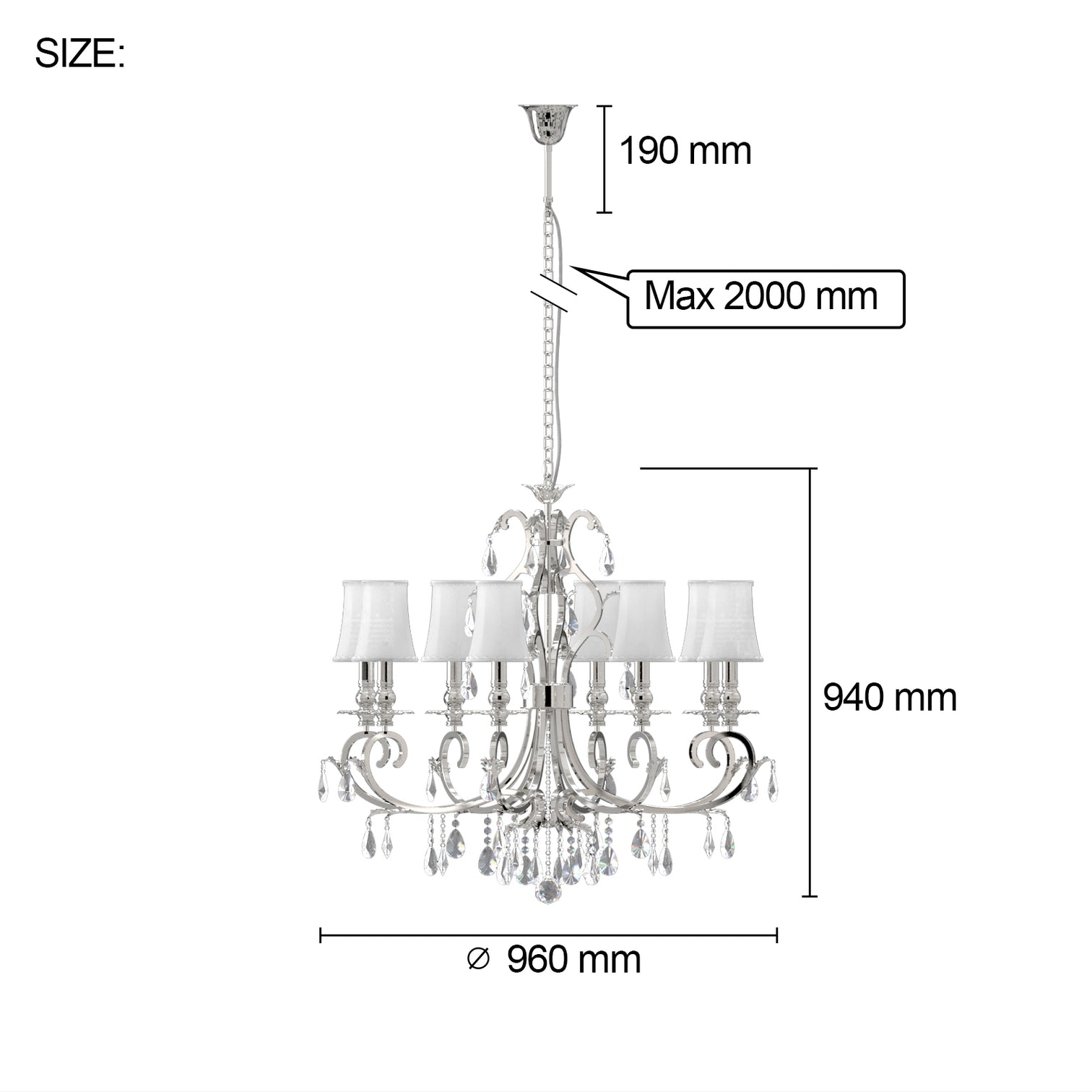 Milano 960mm diameter 8 Lights Silver Luxury K9 Crystal Chandeliers for dining room, living Room E14 Base - 7Pandas Australia