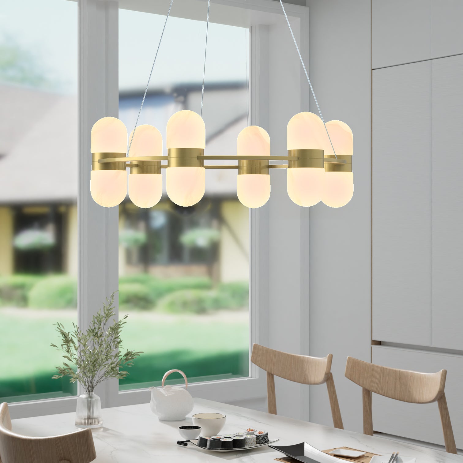 ROCKET 6-Lights 420mm Round Alabaster Chandeliers Dining Room Foyer Entryway Hallway LED G9 Bulb Included - 7Pandas Australia