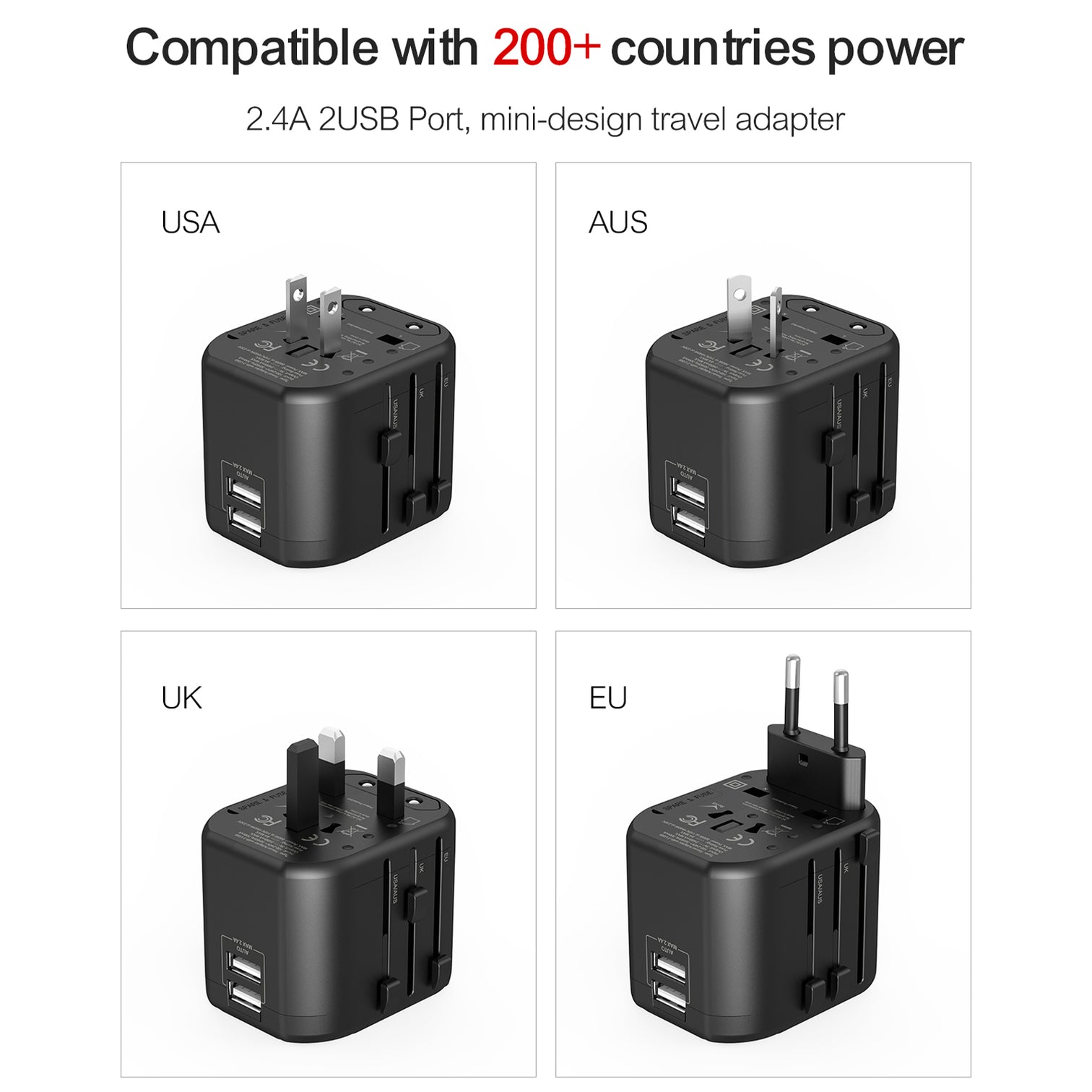 4PACK Travel Adapter Worldwide All in One Universal Wall AC Wall Charger Dual USB Ports Phone Laptop Black - 7Pandas Australia