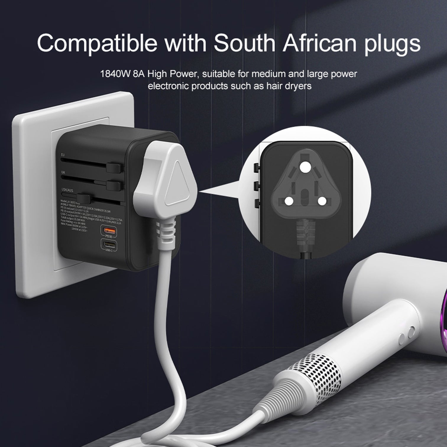 3PACK Universal Travel Plug Adapter PD 35W QC 3.0 USB 3 USB-A 2 USB-C All in One Worldwide Rapid Charge  Black - 7Pandas Australia