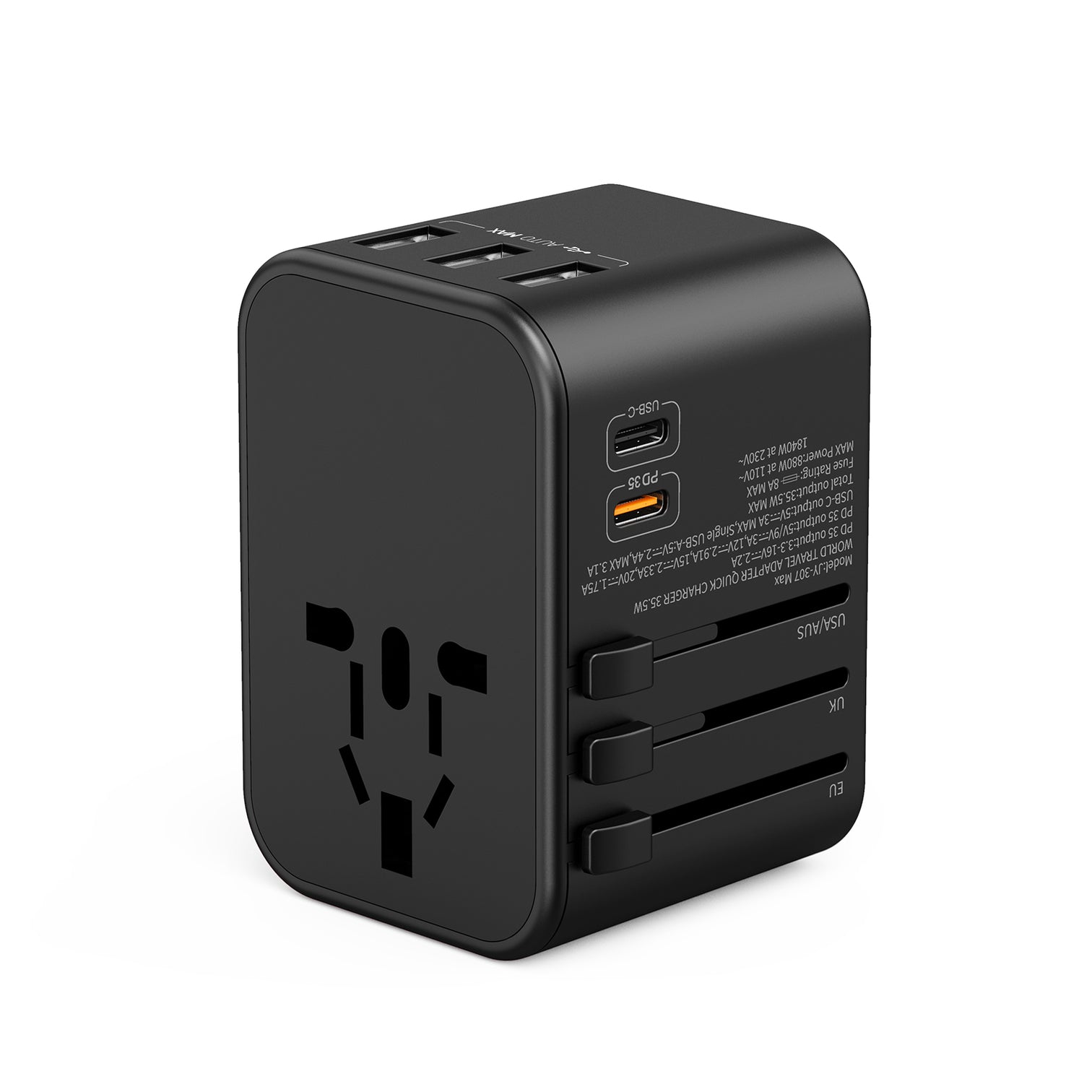3PACK Universal Travel Plug Adapter PD 35W QC 3.0 USB 3 USB-A 2 USB-C All in One Worldwide Rapid Charge  Black - 7Pandas Australia