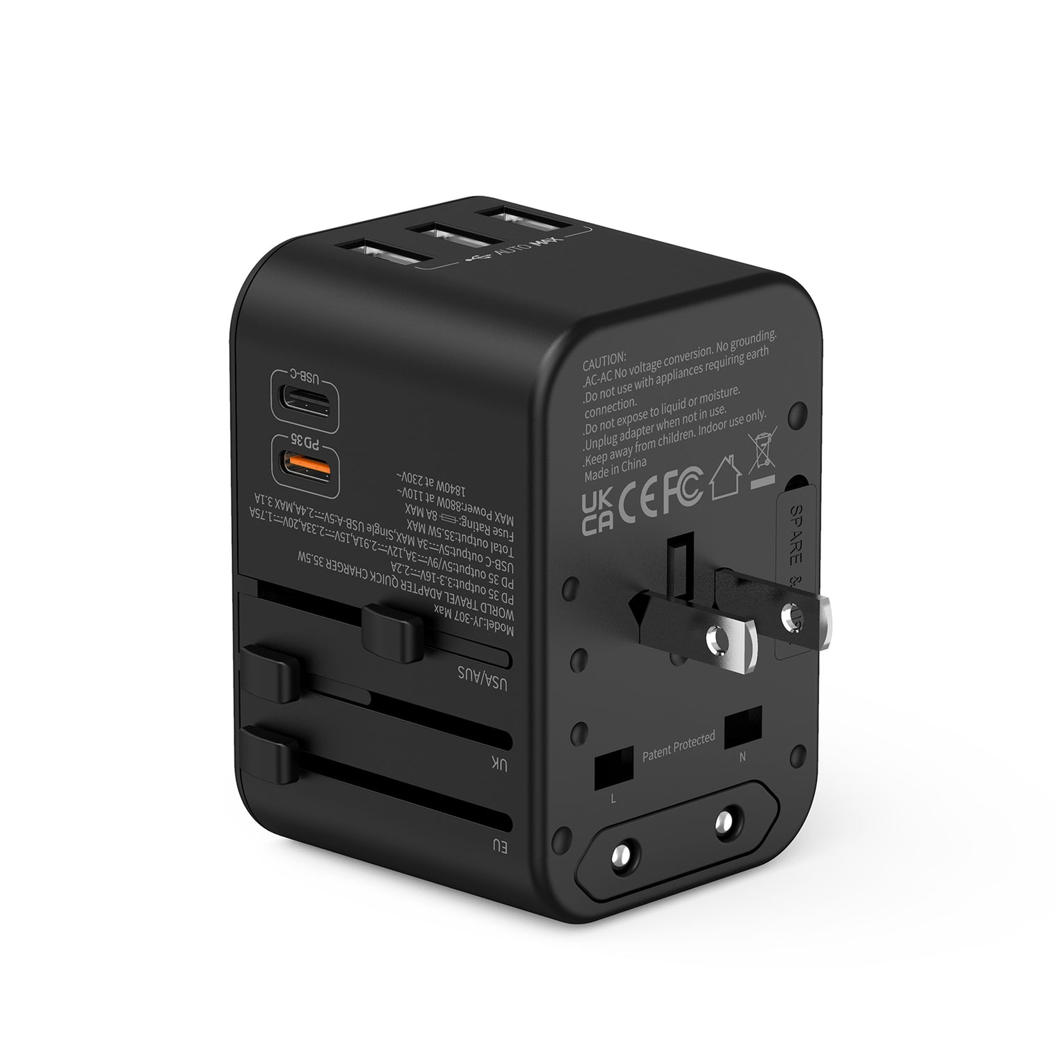 3PACK Universal Travel Plug Adapter PD 35W QC 3.0 USB 3 USB-A 2 USB-C All in One Worldwide Rapid Charge  Black - 7Pandas Australia