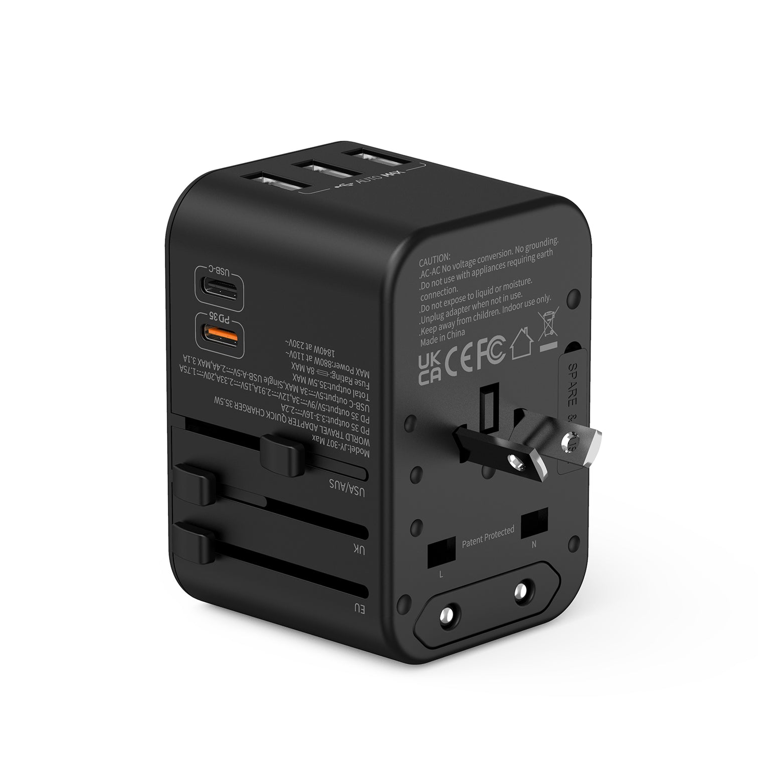 3PACK Universal Travel Plug Adapter PD 35W QC 3.0 USB 3 USB-A 2 USB-C All in One Worldwide Rapid Charge  Black - 7Pandas Australia