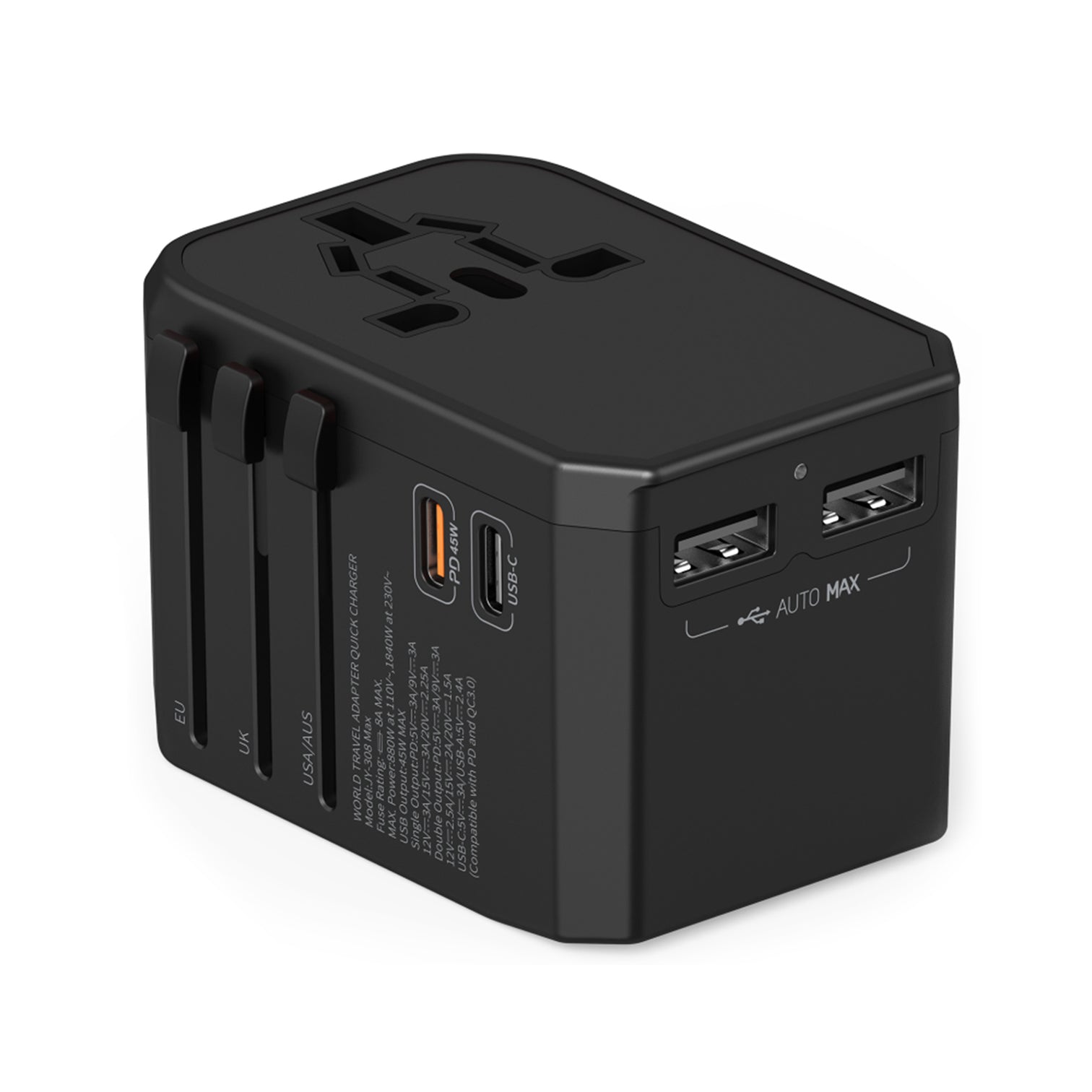 3PACK Universal Travel Adapter PD 45WAC Wall Charger for Global Travelling 1xType-C 3xType-A, Black - 7Pandas Australia