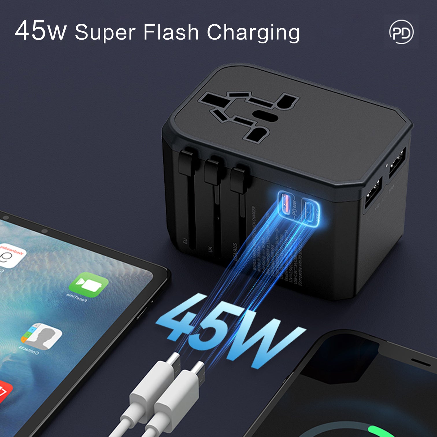 3PACK Universal Travel Adapter PD 45WAC Wall Charger for Global Travelling 1xType-C 3xType-A, Black - 7Pandas Australia
