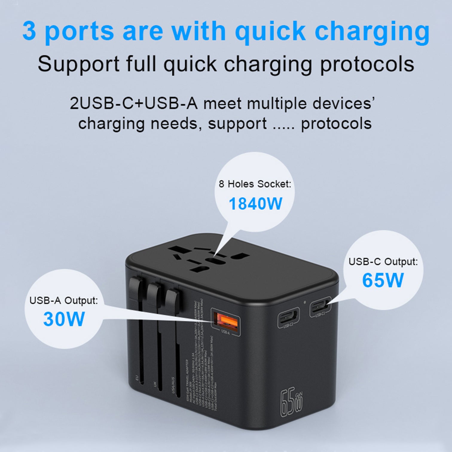 3PACK Universal Travel Adapter GaN 65W 2xUSB-C PD Fast Charging  1xUSB-A Quick Charging - 7Pandas Australia