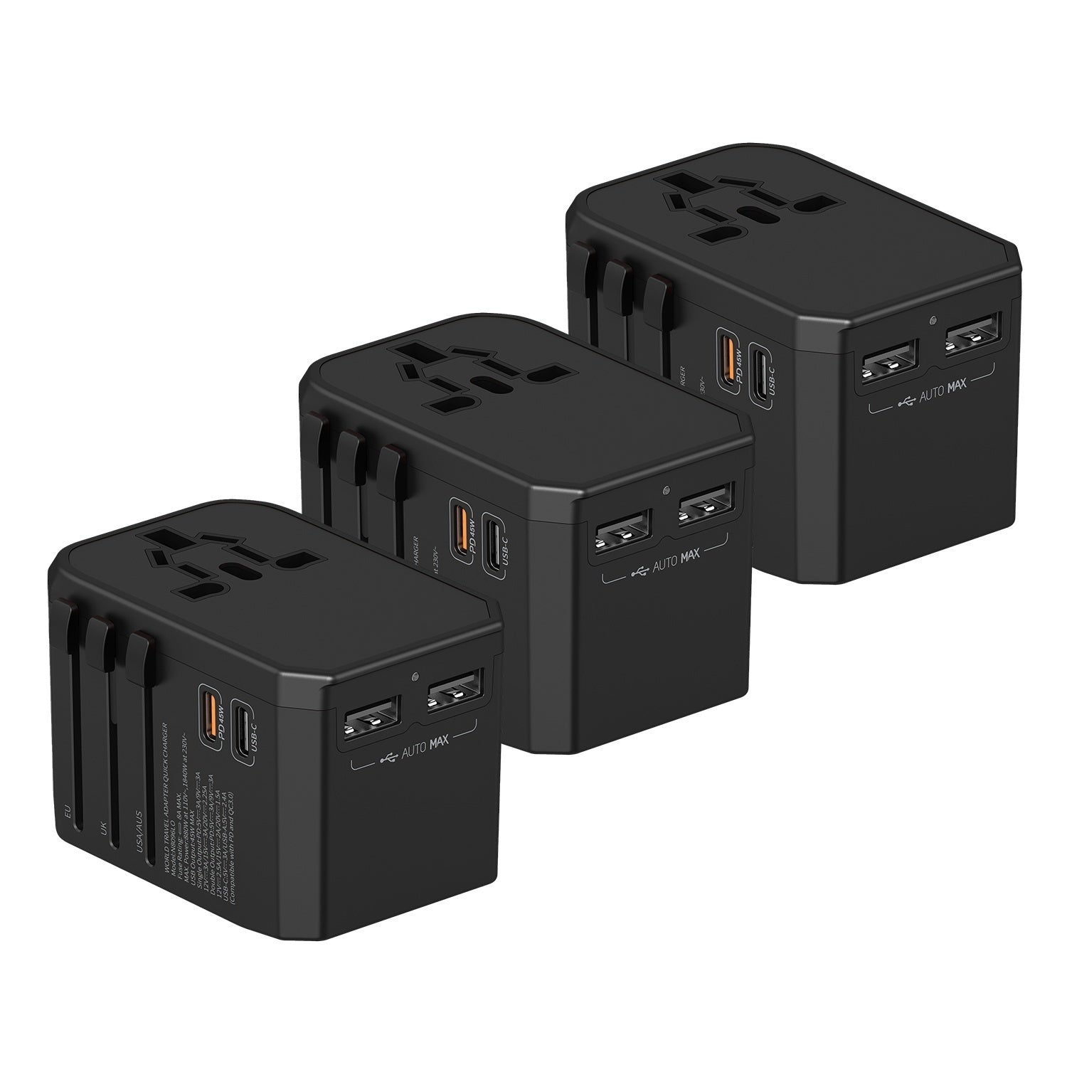 3PACK Universal Travel Adapter PD 45WAC Wall Charger for Global Travelling 1xType-C 3xType-A, Black - 7Pandas Australia