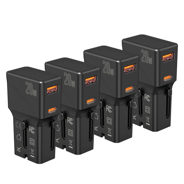4PACK International Travel Power Adapter, Mini All-in- One charger, PD 20W & QC3.0 Type-C Wall Charger European Plug Adaptor Universal Outlet Converter