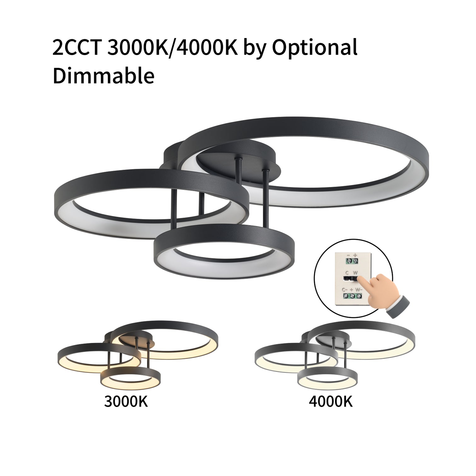 AVLON LED 3-RING Ceiling Type Flush Mount Light 20W+30W+38W 2CCT 5000lm Black Dimmable - 7Pandas Australia